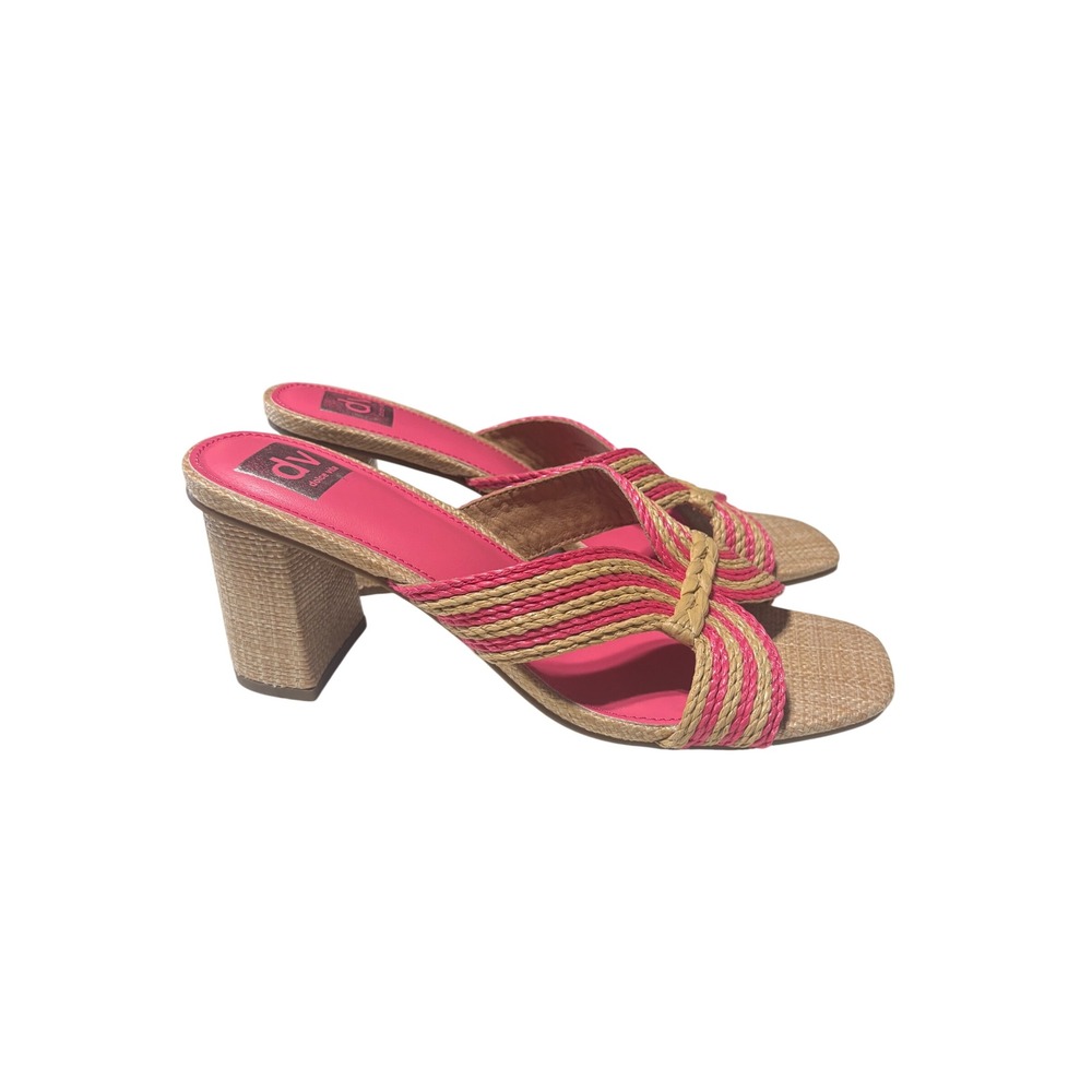 DV Dolce Vita Pink Tan Raffia Block Heel Sandals Square Toe Mules Womens 10